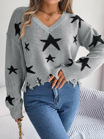 Star Pattern Distressed V-Neck Cropped Sweater.