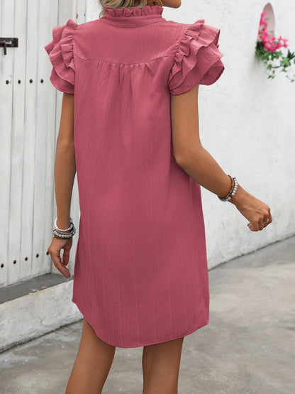 Ruffled Notched Cap Sleeve Mini Dress.