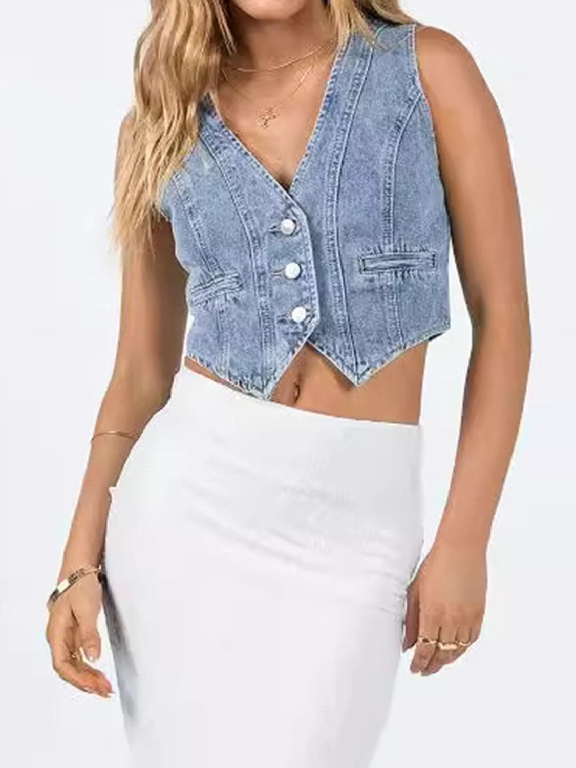 Button Up Sleeveless Denim Top.