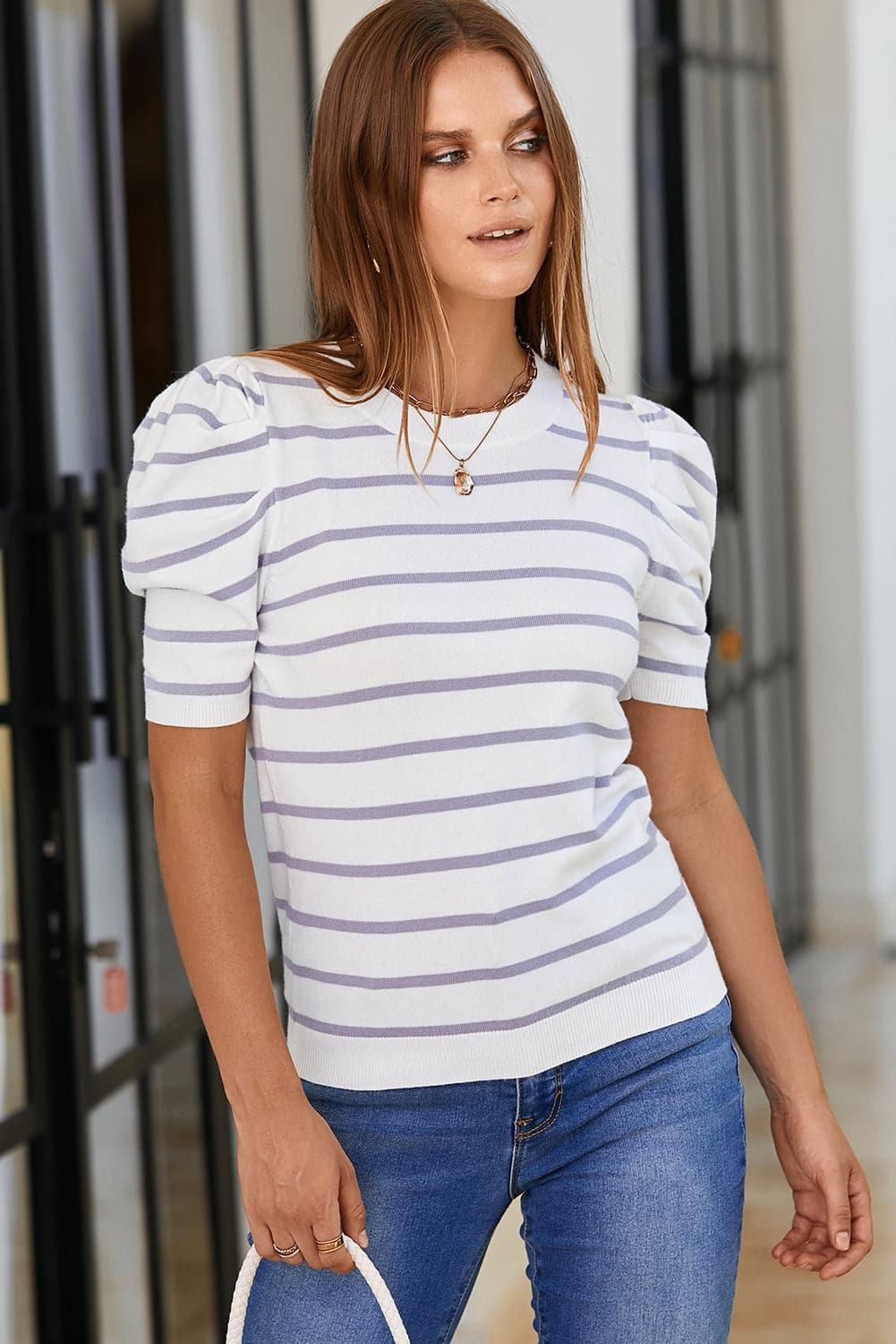 Striped Round Neck Puff Sleeve Knit Top.