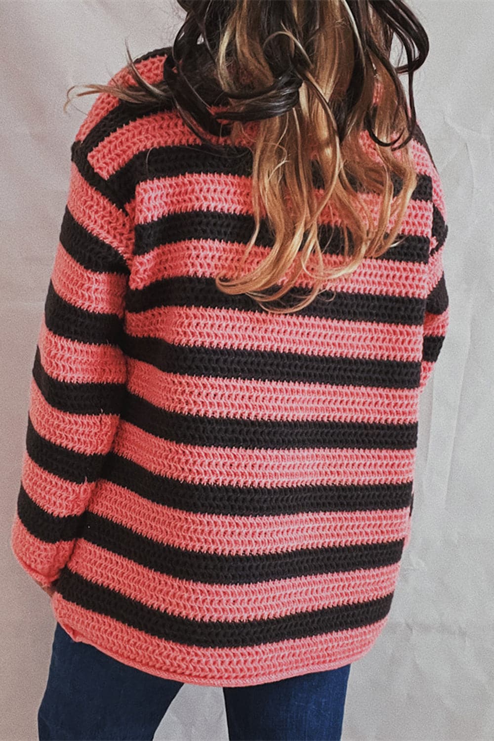 Striped Round Neck Dropped Shoulder Sweater.