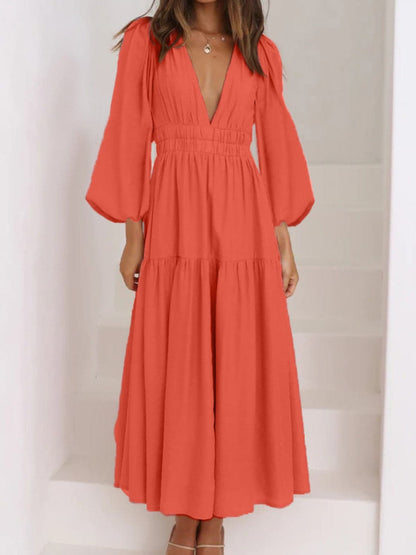 Deep V-Neck Balloon Sleeve Plain Maxi Dress.