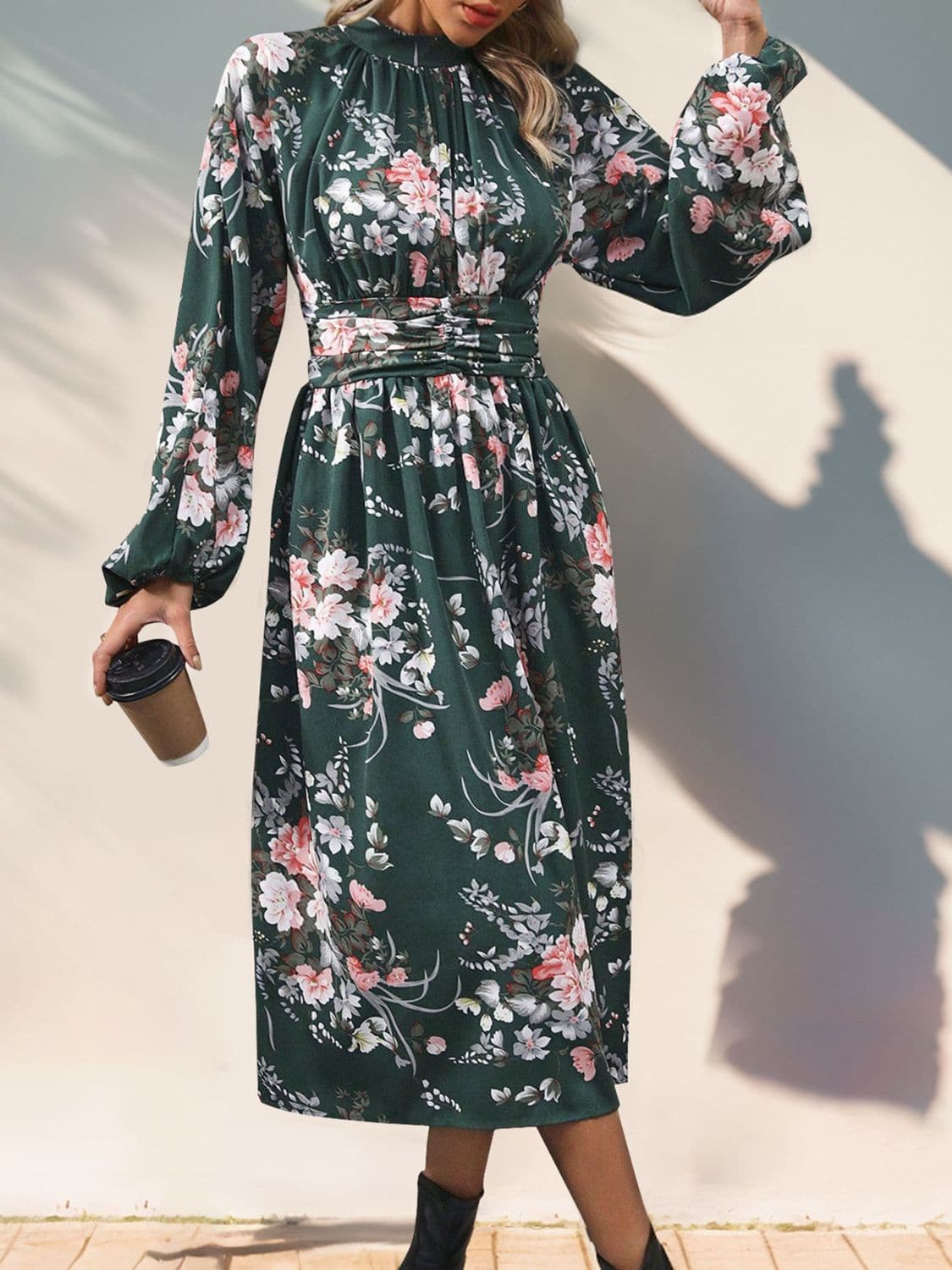 Ruched Printed Mock Neck Long Sleeve Midi Dress.