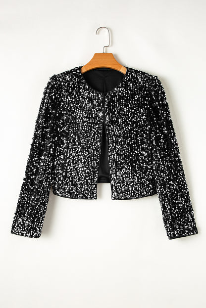 Sparkling black sequin cropped jacket with open front design