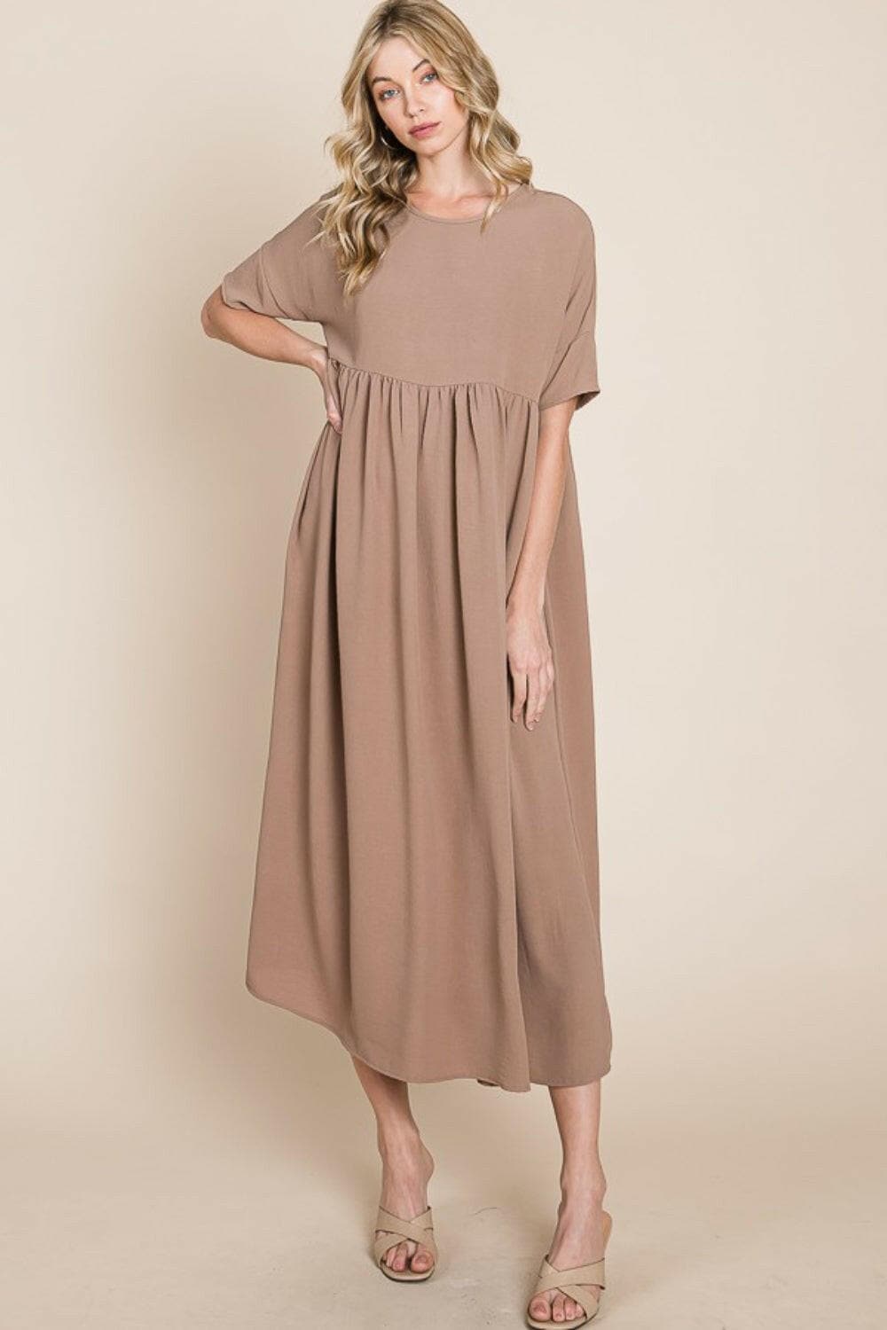 BOMBOM Round Neck Ruched Midi Dress.