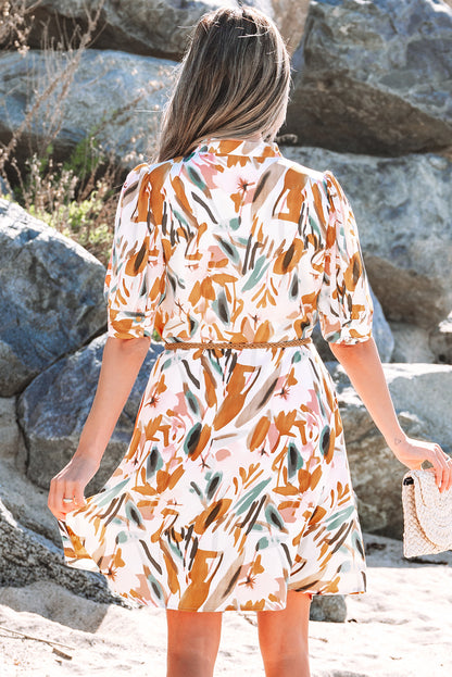 Brown Abstract Print Puff Sleeve Mini Dress with Braided Belt