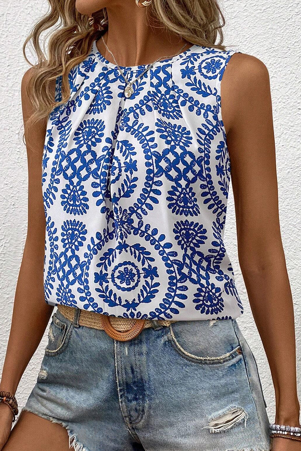 Vintage-Inspired Blue Pintuck Tank Top with Geometric Print