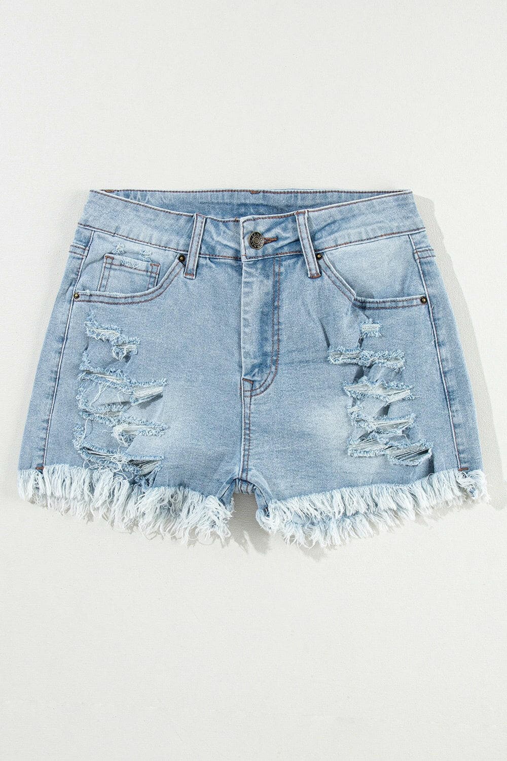 Distressed Raw Hem Denim Shorts.