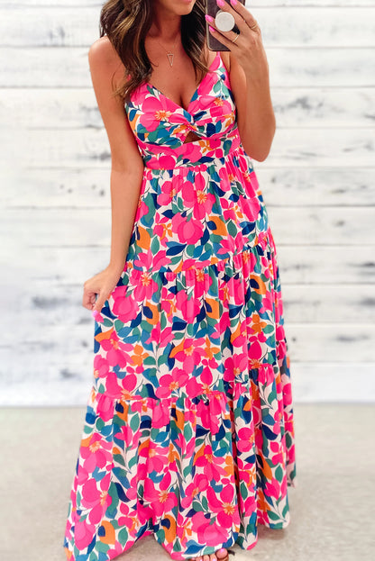 Rose floral tiered maxi dress with twisted detail and smocked back