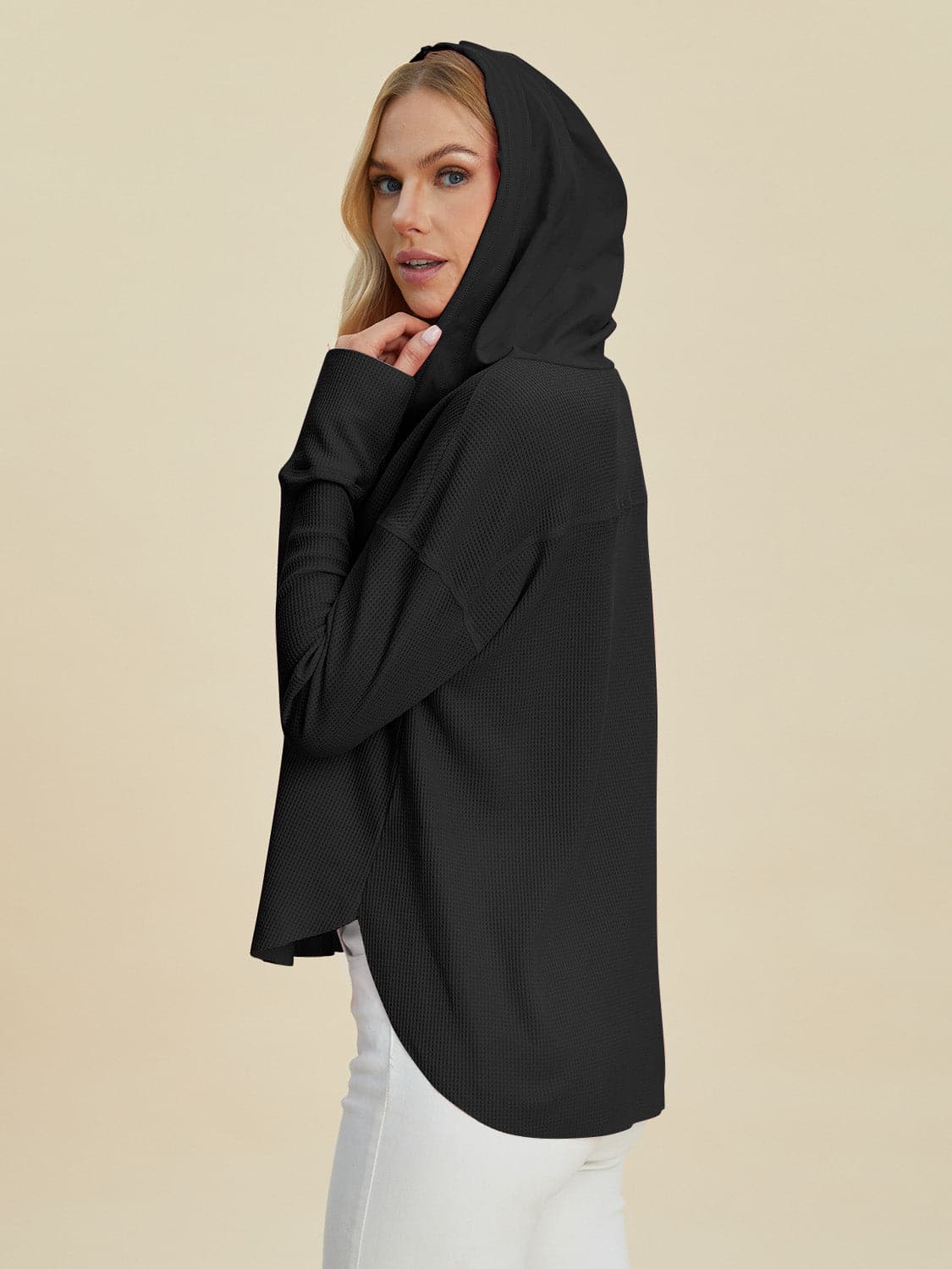 Double Take Full Size High-Low Dropped Shoulder Long Sleeve Hoodie.