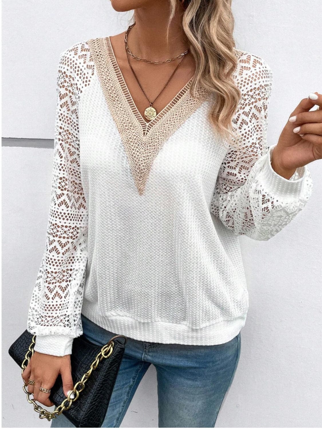 Lace V-Neck Raglan Sleeve Top.