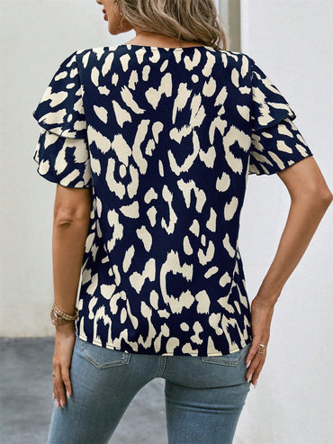 Ruffled Printed Round Neck Short Sleeve Blouse.