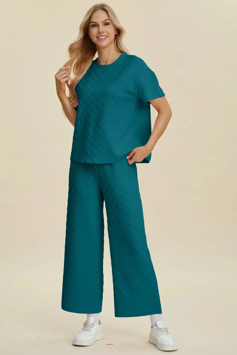 Double Take Full Size Texture Round Neck Short Sleeve Top and Pants Set - Love Salve