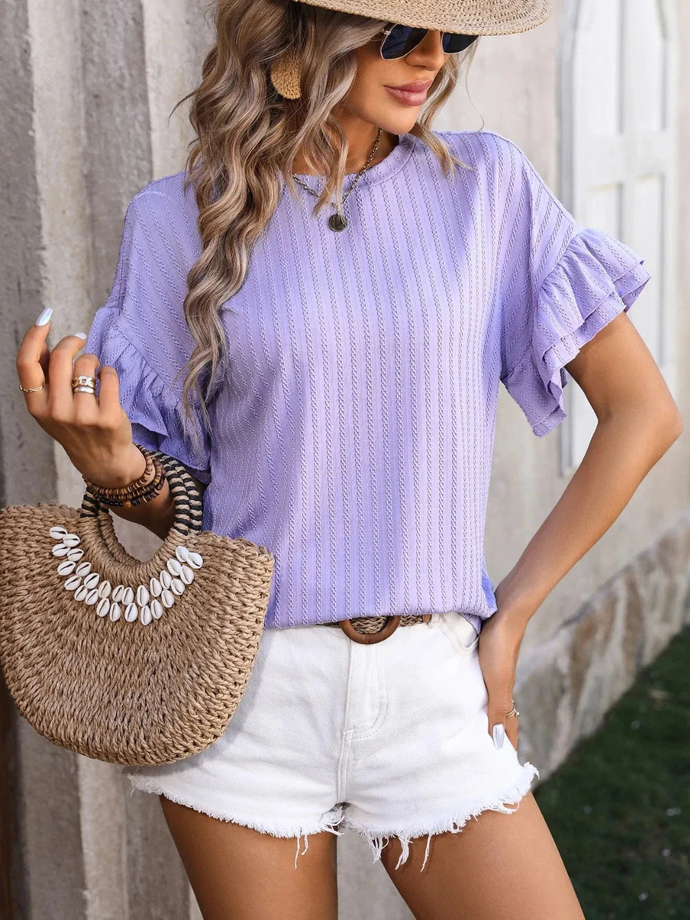 Mandy Ruffled Round Neck Short Sleeve Blouse Coco’s Tee Boutique