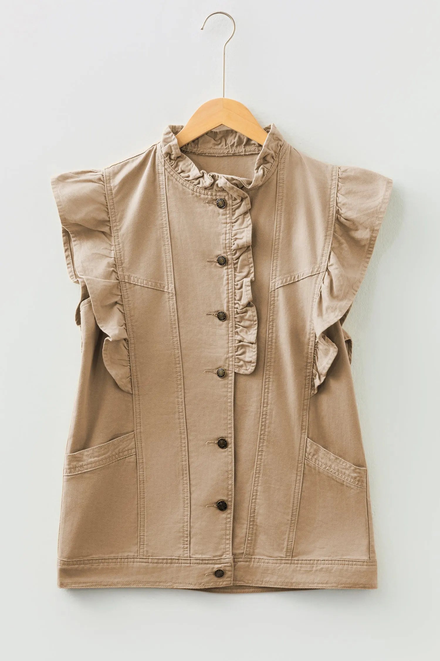 Pale Khaki Ruffled Patchwork Denim Jacket Vest For Women Casual Wear Dear-Lover Dropshipping