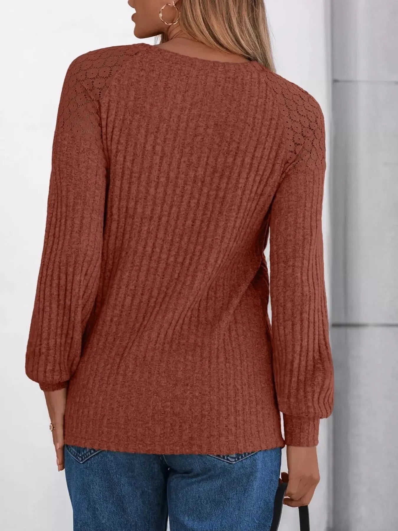 Ribbed Knit T-Shirt with Lace Shoulder Detail Simply Love