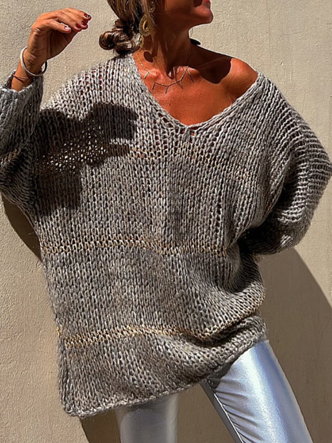 Openwork V-Neck Long Sleeve Sweater.