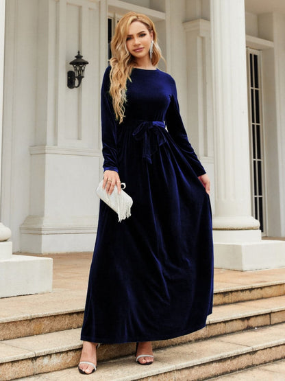 Tie Front Round Neck Long Sleeve Maxi Dress.