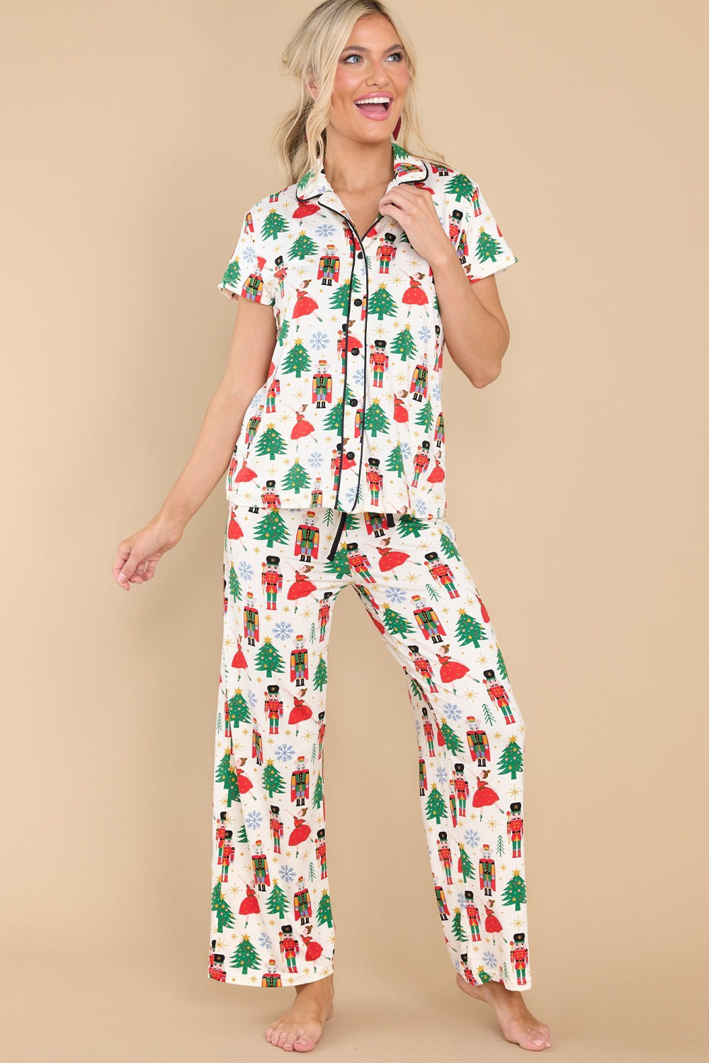 Cozy white Christmas print button-up sleep set