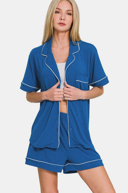 Cozy Chic Button-Up Short Sleeve Lounge Set with Matching Shorts