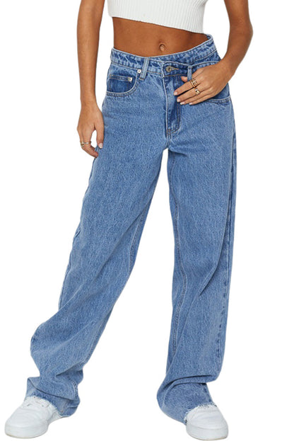 Blue Mid Rise Asymmetrical Waist Wide Leg Jeans for Women
