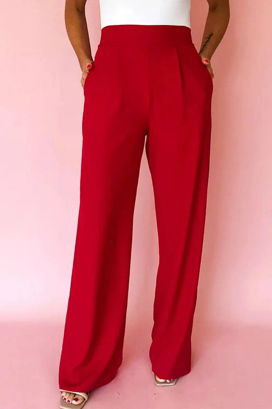 Pleated Detail Pull On High Elastic Waist Loose Straight Pants Simply Love