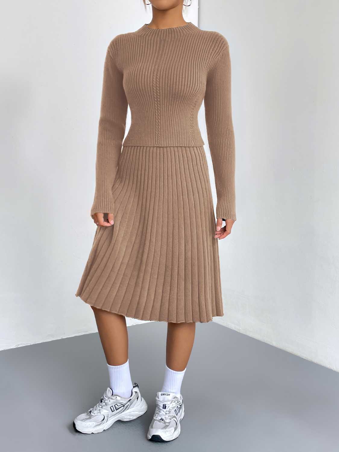 Rib-Knit Sweater and Skirt Set.