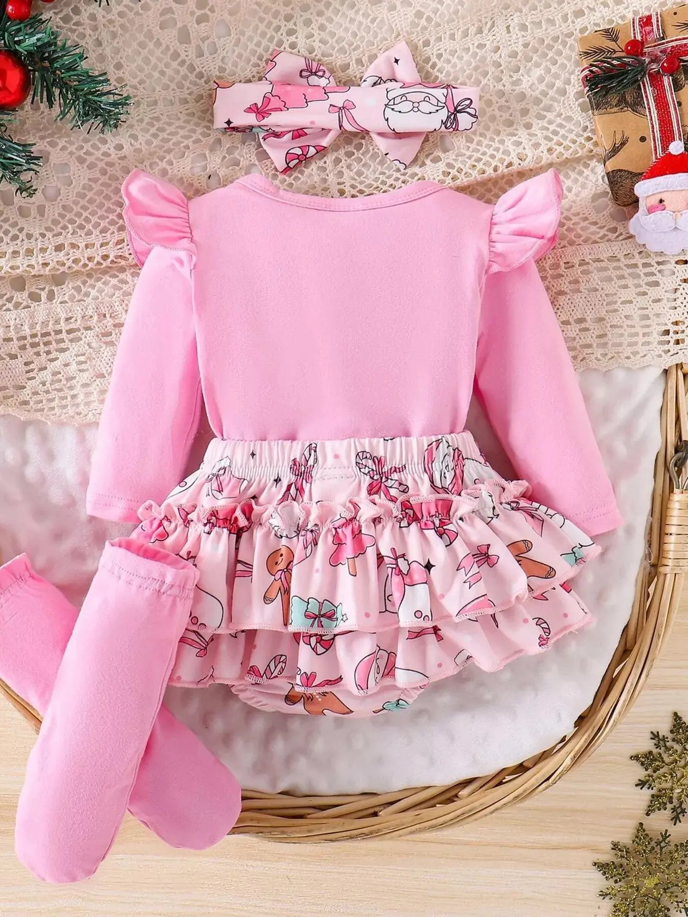 Children's Christmas Ruffled Long Sleeve Top and Skirt Set with Headband Simply Love