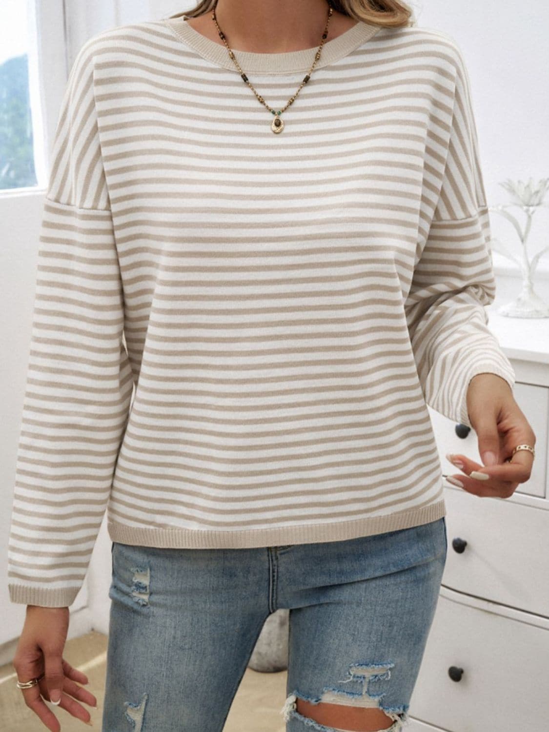 Striped Round Neck Dropped Shoulder Sweater.