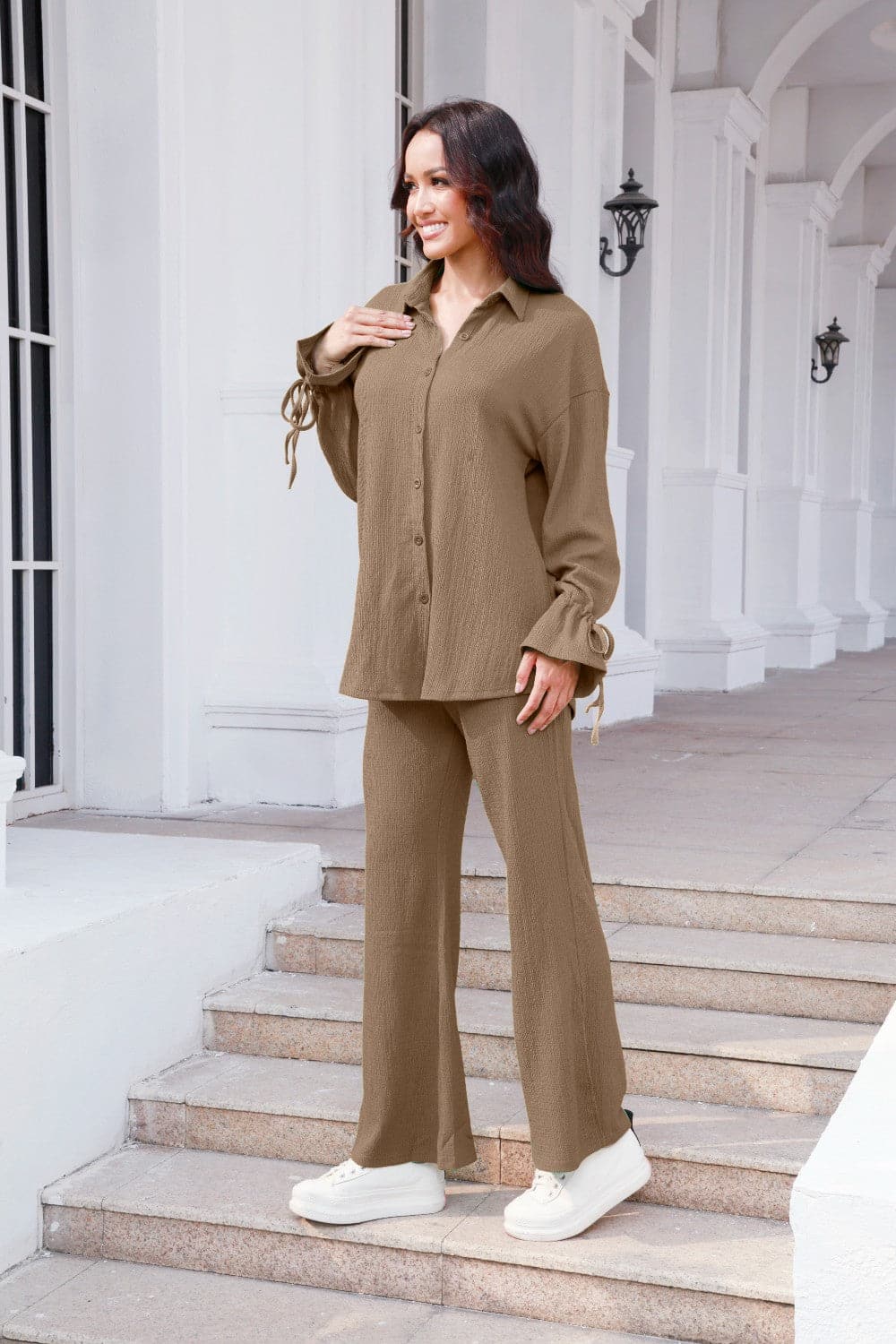 Drawstring Flounce Sleeve Shirt and Pants Set.