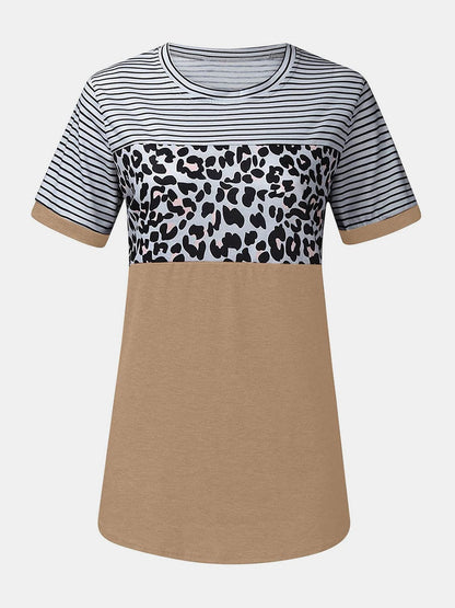 Full Size Striped Leopard Round Neck Short Sleeve T-Shirt.