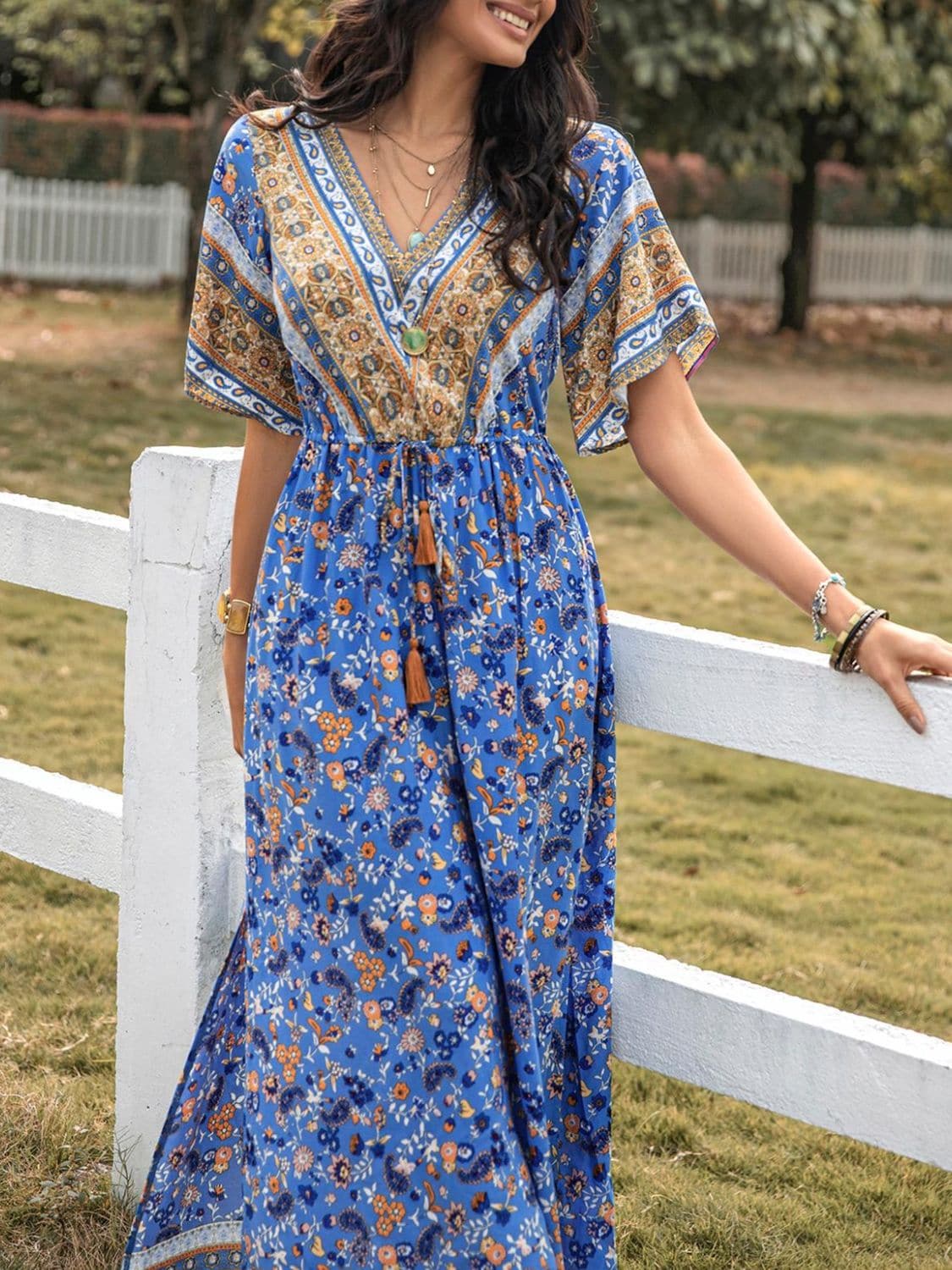 Slit Printed V-Neck Half Sleeve Maxi Dress.