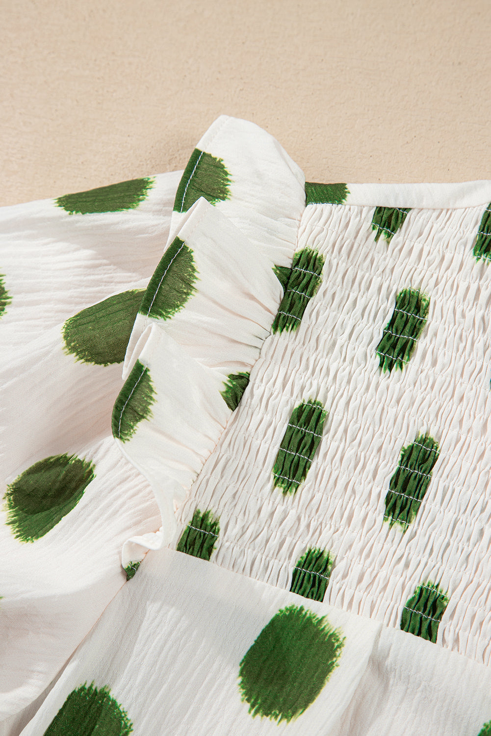 Black Polka Dot Print Smocked Notched Neck Balloon Sleeve Blouse Divine Design4U