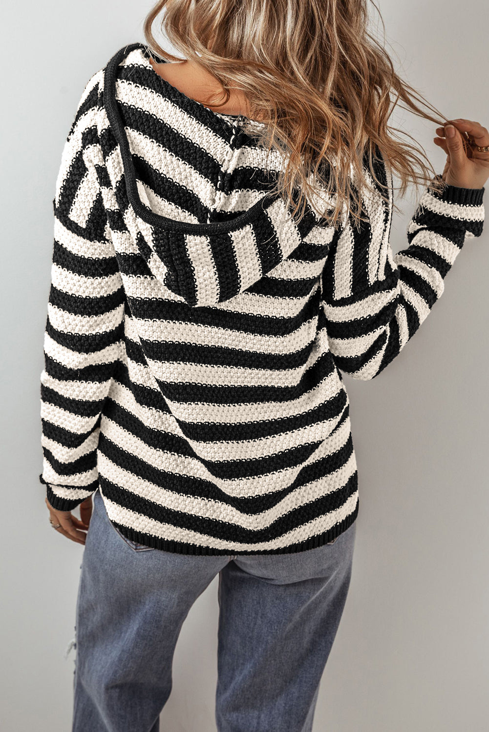 Striped Hooded V-Neck Sweater with Pocket Detail