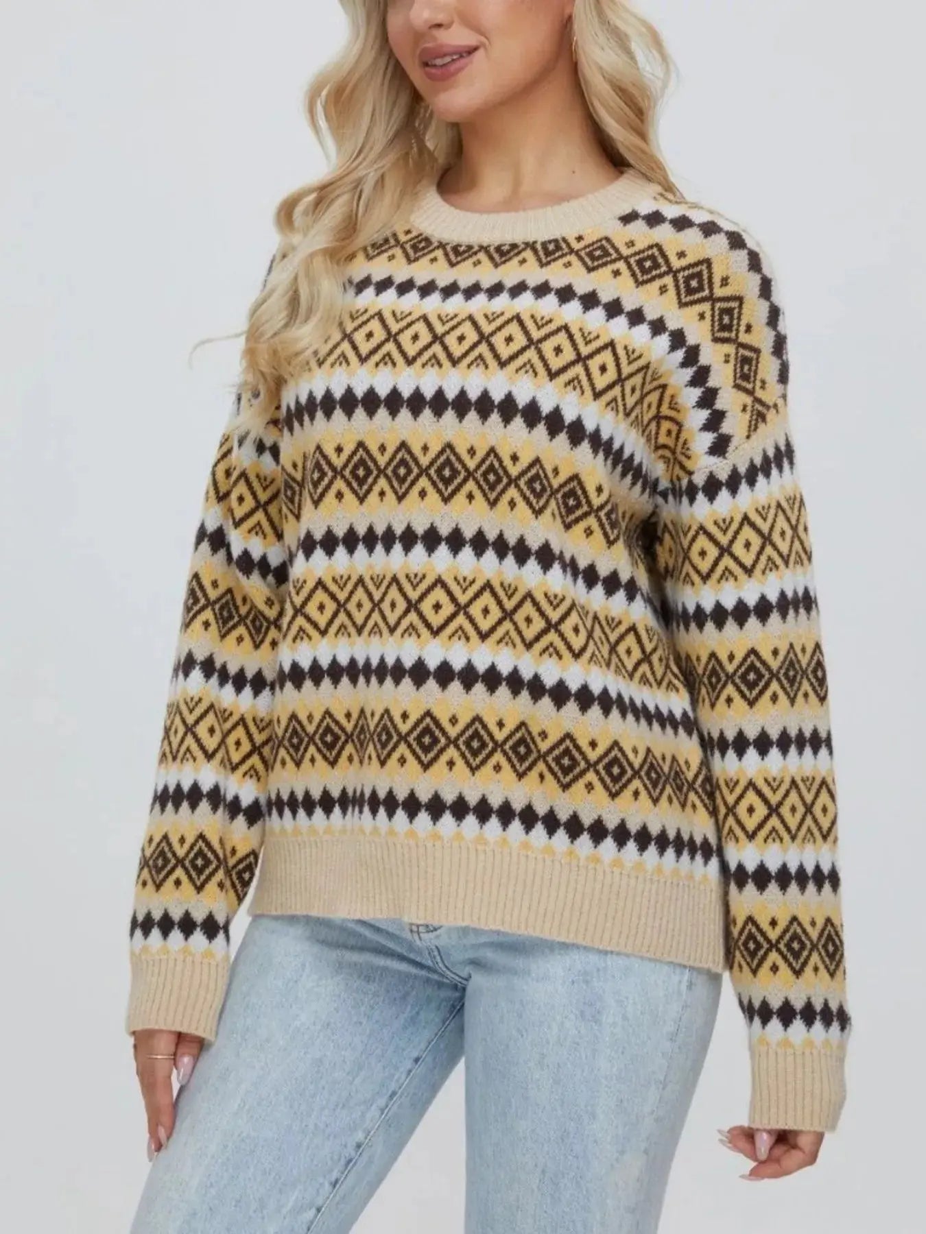 Geometric Pattern Round Neck Sweater Simply Love