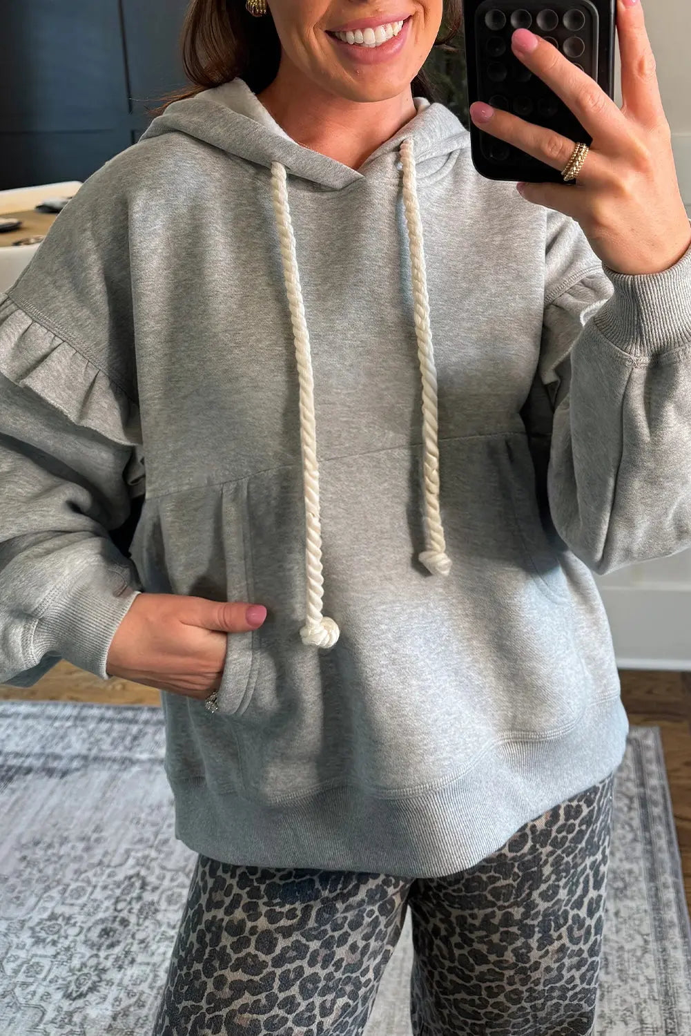 Gray Contrast Rope Drawstring Baggy Hoodie With Ruffle Trim Drop Shoulder Dear-Lover Dropshipping