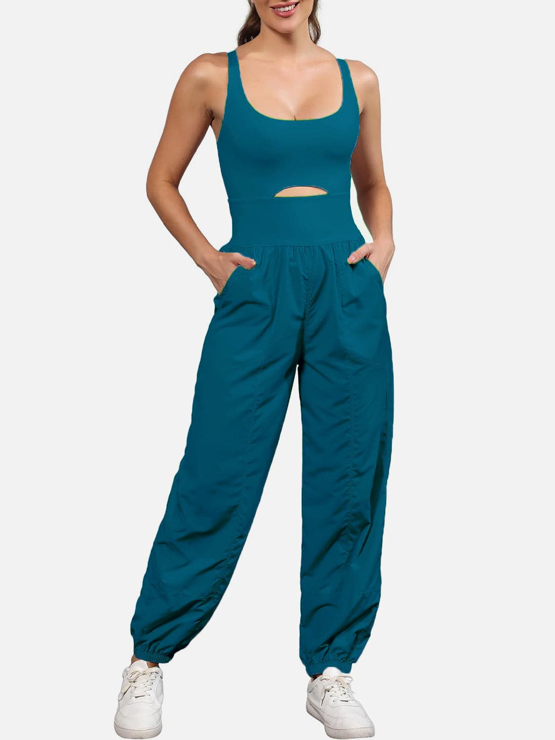 Chic cutout scoop neck jumpsuit with wide straps and pockets