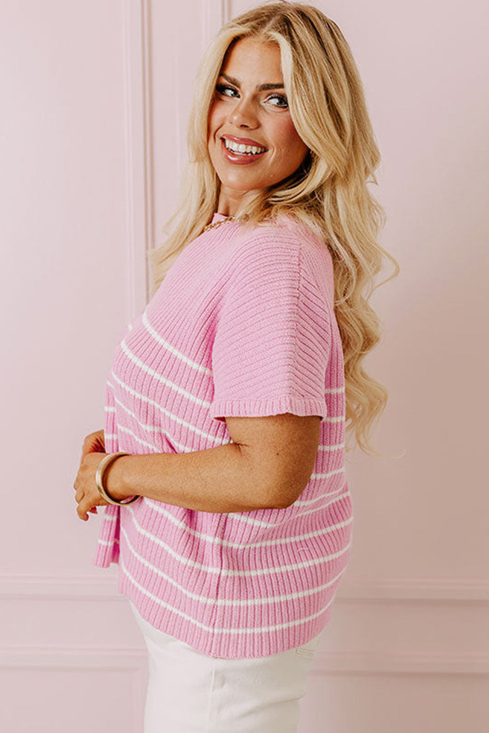 Chic pink striped ribbed plus-size tee for ultimate comfort