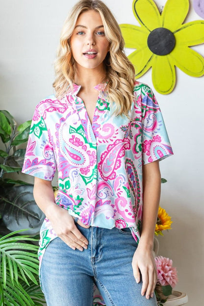 Heimish Full Size Paisley Print Short Sleeve Top.