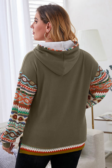 Jungle Green Aztec patchwork sleeve hoodie with drawstring and waffle texture for plus sizes