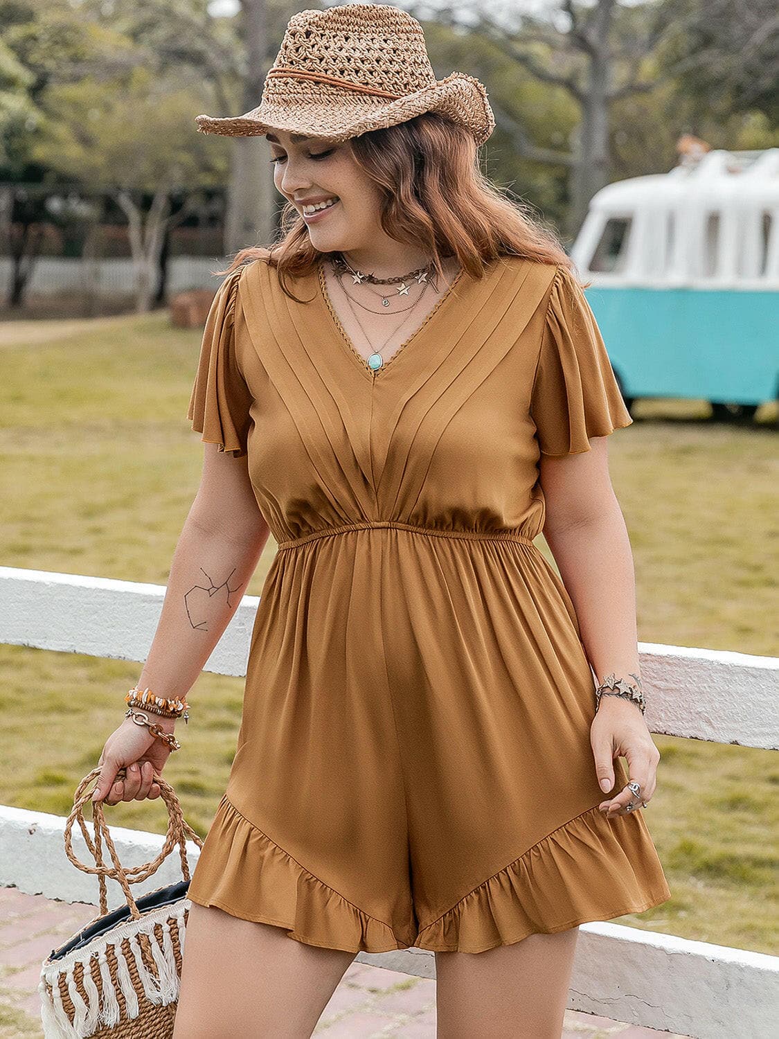 Plus Size Ruffled V-Neck Short Sleeve Romper.