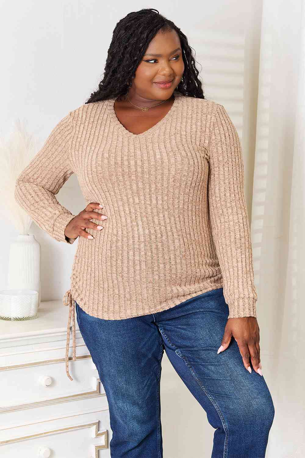 Double Take Drawstring Ribbed Long Sleeve T-Shirt - Love Salve