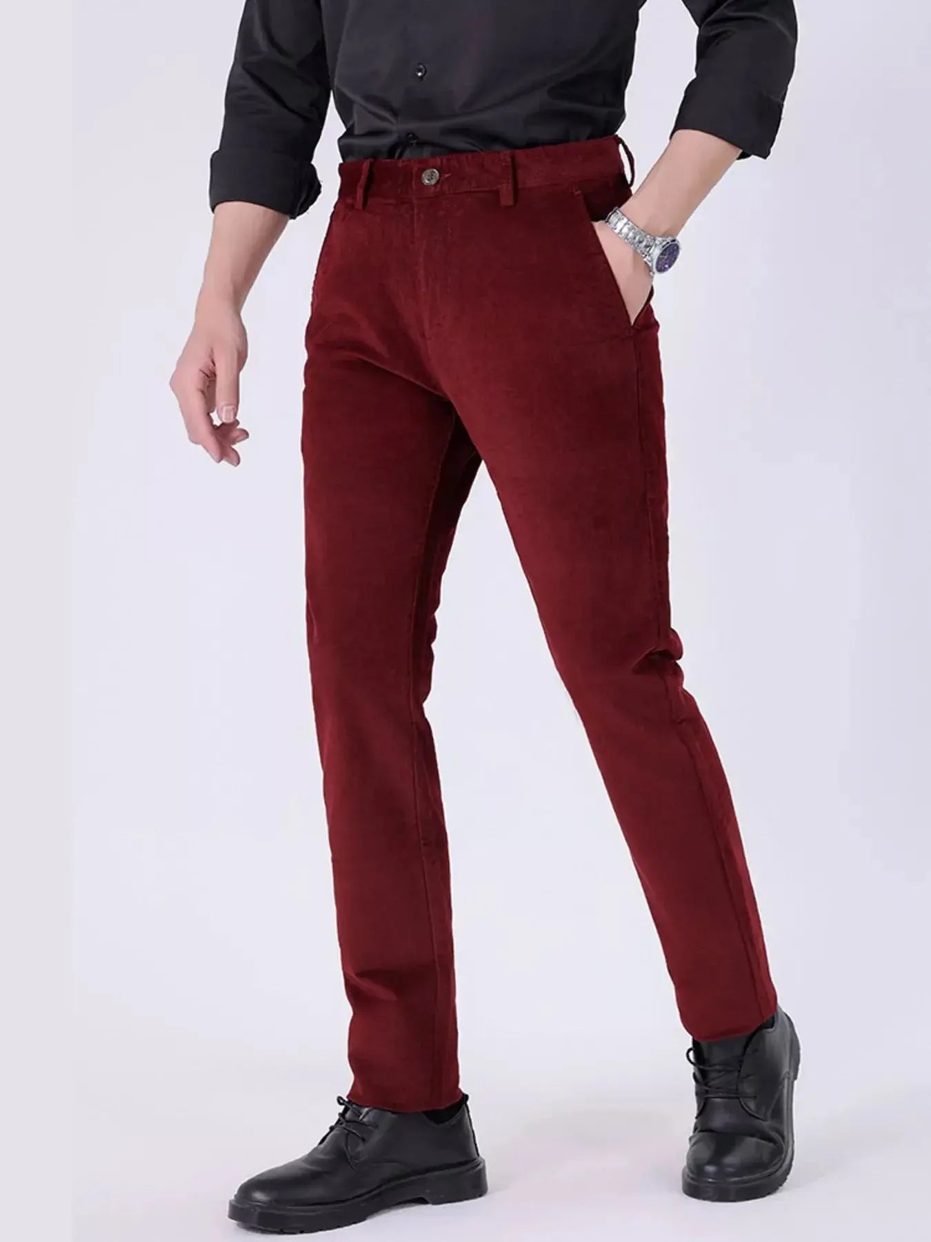 Men's Corduroy Slim Fit Pants In Burgundy For Everyday Wear Simply Love