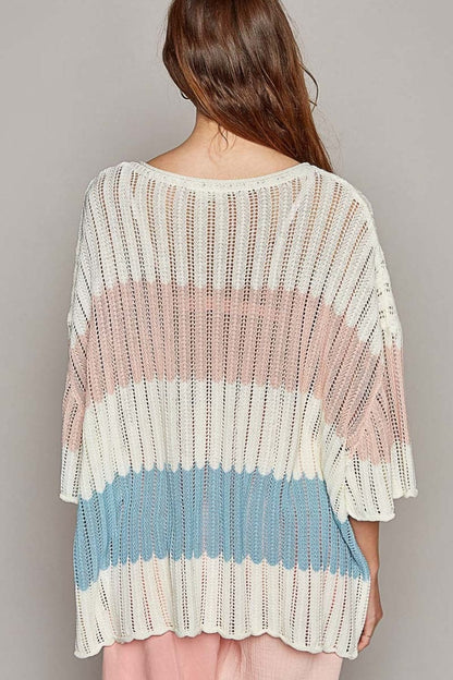 POL V-Neck Short Sleeve Stripe Weave Sweater.