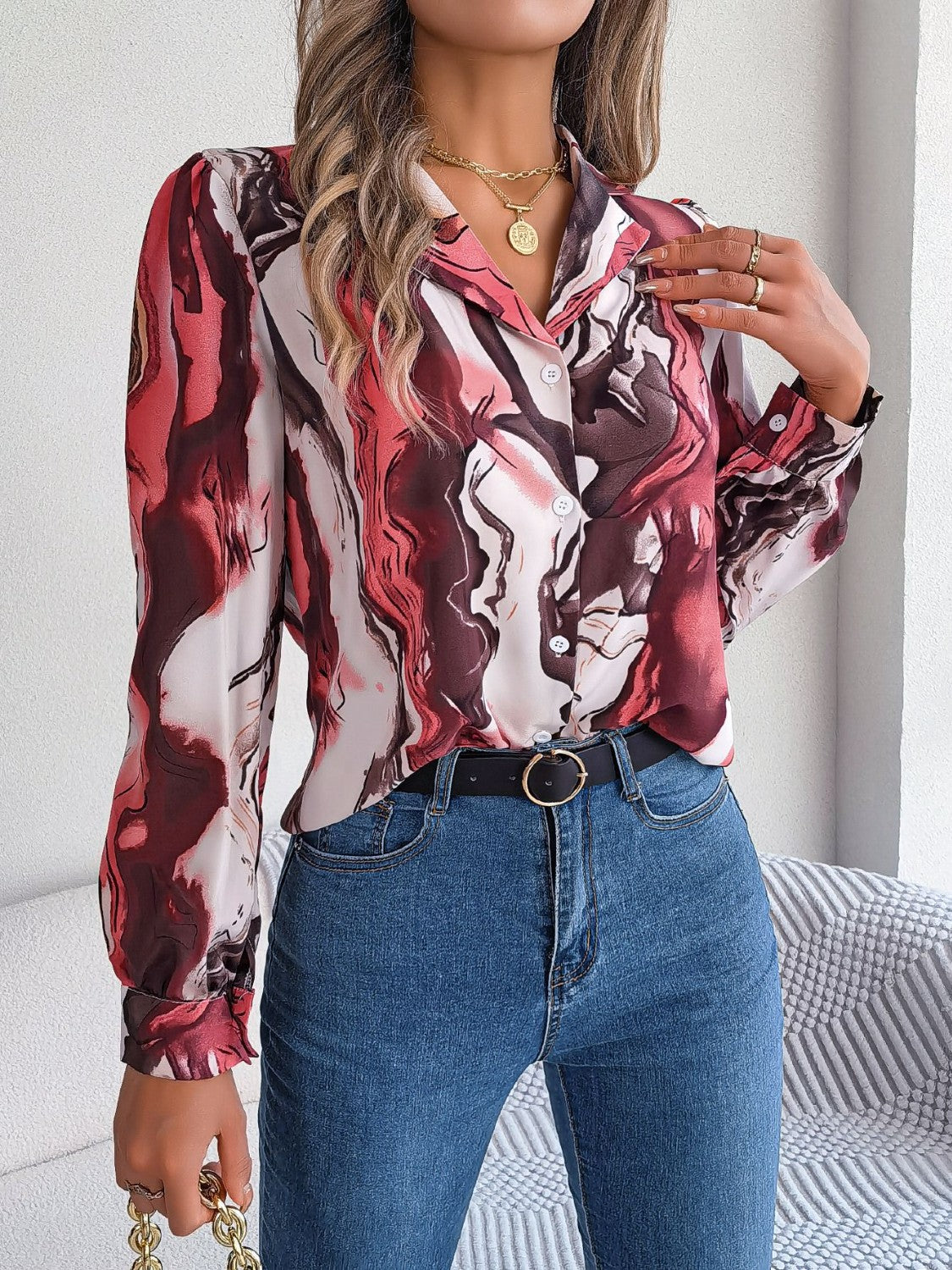 Printed Button Up Long Sleeve Shirt Coco’s Tee Boutique