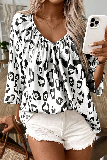 Fierce and Flirty Black Leopard Print Blouse with Ruched V-Neck