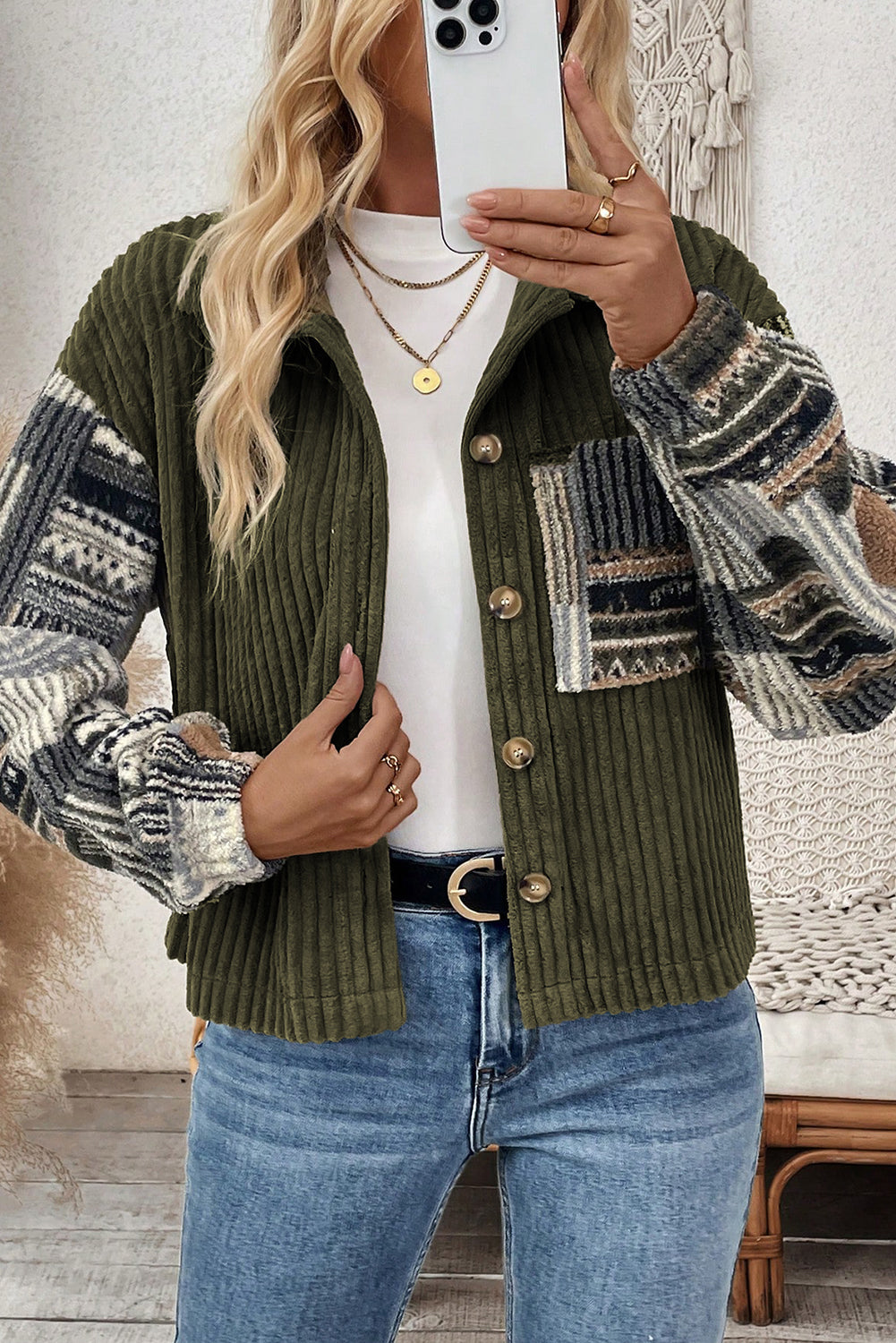 Jungle Green Ribbed Fleece Plaid Print Patchwork Button Up Jacket Cozy Everyday Wear Dear-Lover Dropshipping