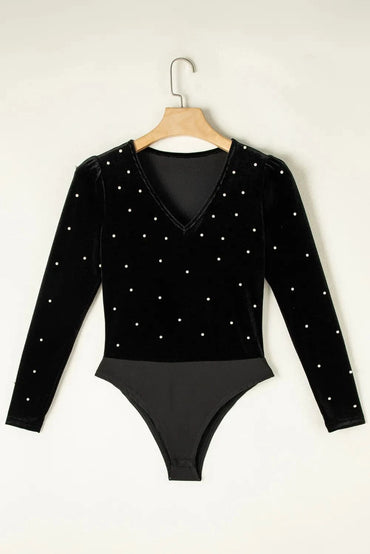 Pearl Detail V-Neck Long Sleeve Bodysuit.