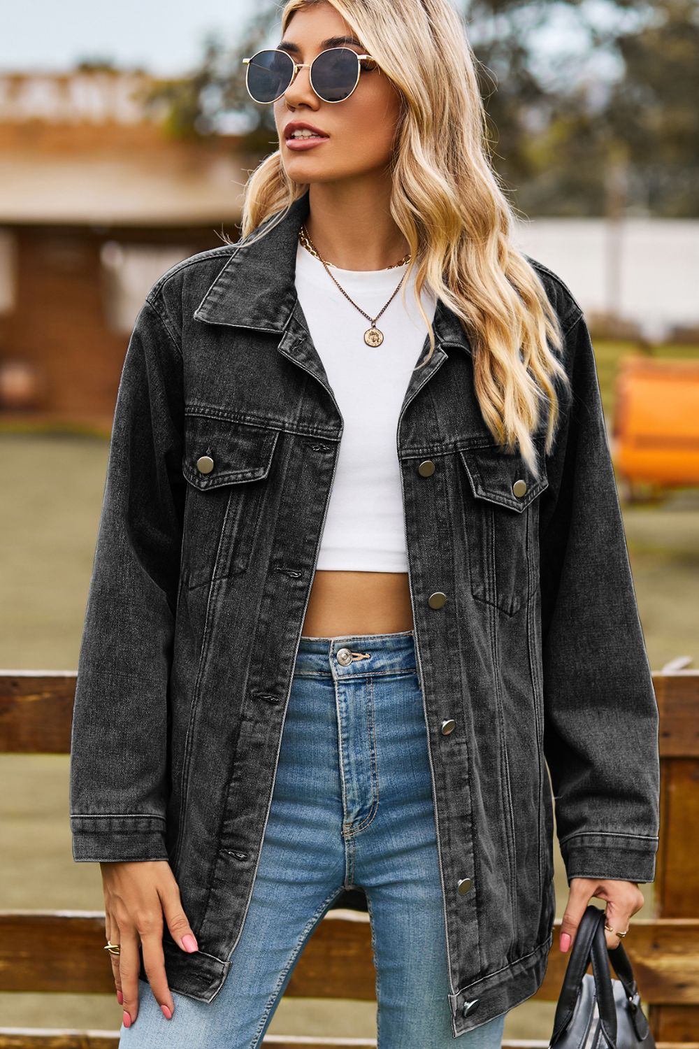 Buttoned Collared Neck Denim Jacket with Pockets Coco’s Tee Boutique