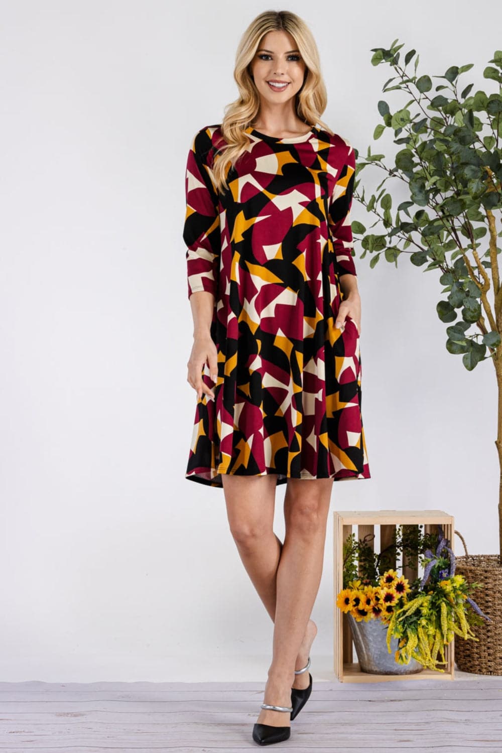 Celeste Full Size Geometric Round Neck Dress with Pockets.